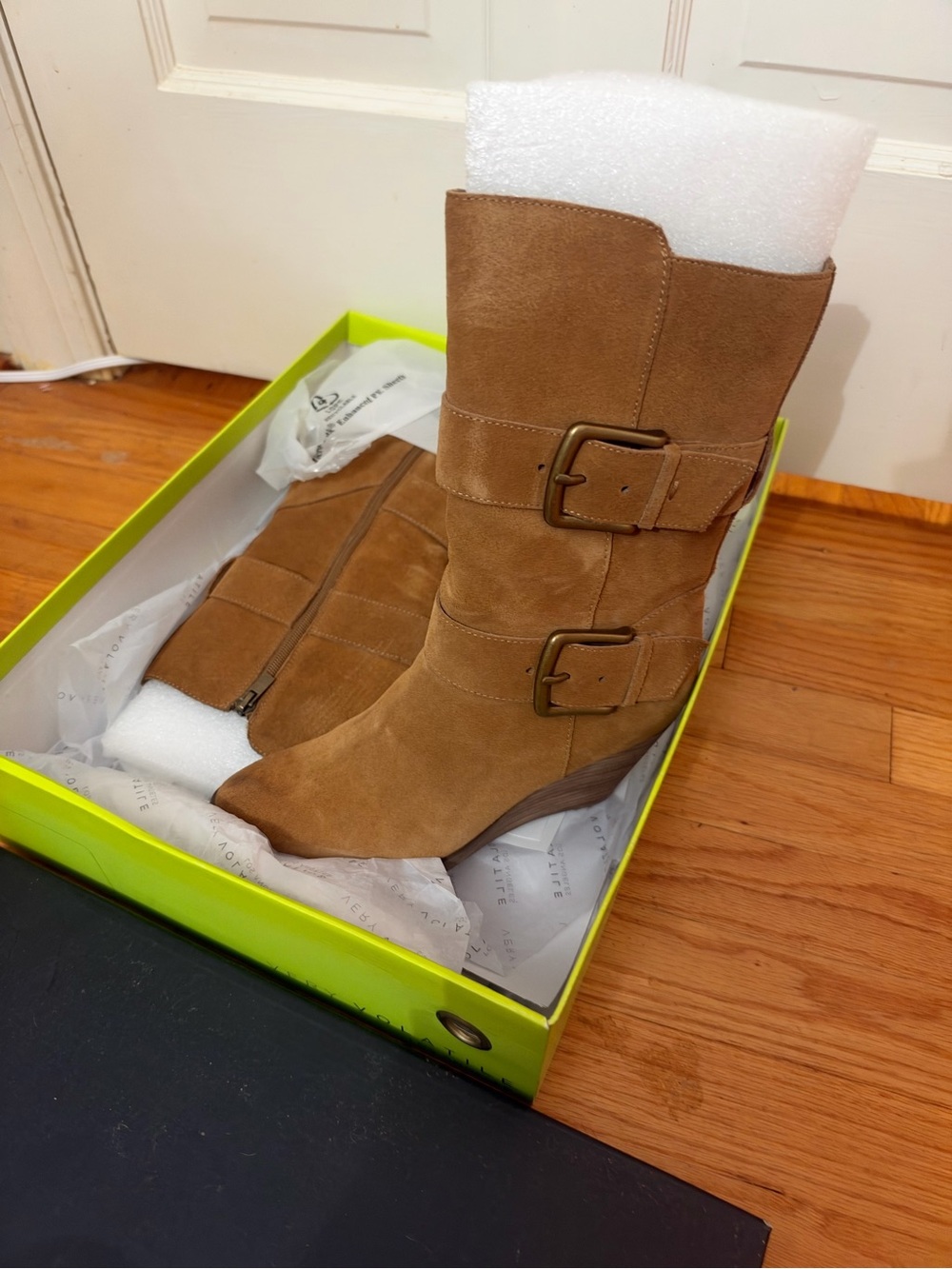 Very Volatile Cognac Suede Mid-Calf Wedge Boots with Buckle Accents